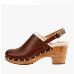 FSJ Brown Round Toe Clogs Fur Lining Rivets Wooden Chunky Heel Slingback Shoes